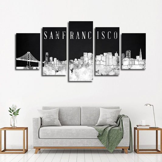 San Francisco Watercolor Skyline BW Multi Panel Canvas Wall Art