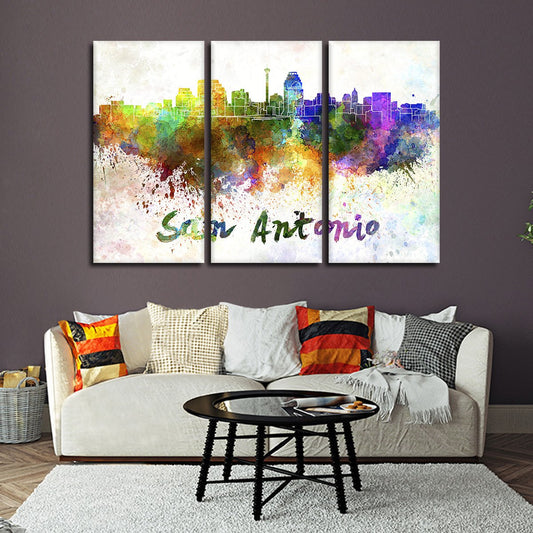 San Antonio Watercolor Skyline Multi Panel Canvas Wall Art