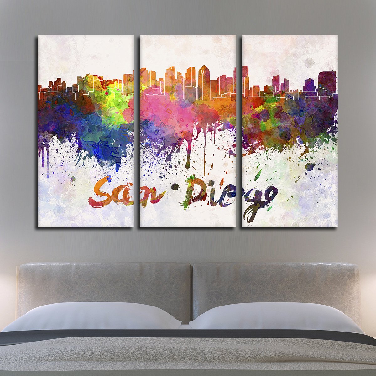 San Diego Watercolor Skyline Multi Panel Canvas Wall Art
