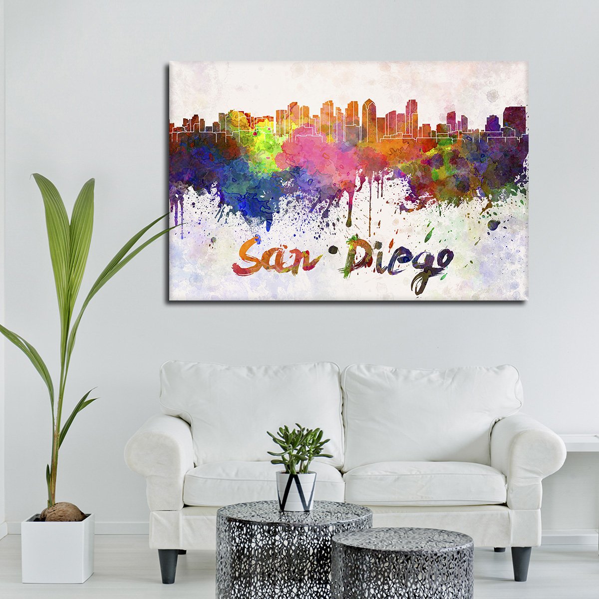 San Diego Watercolor Skyline Multi Panel Canvas Wall Art