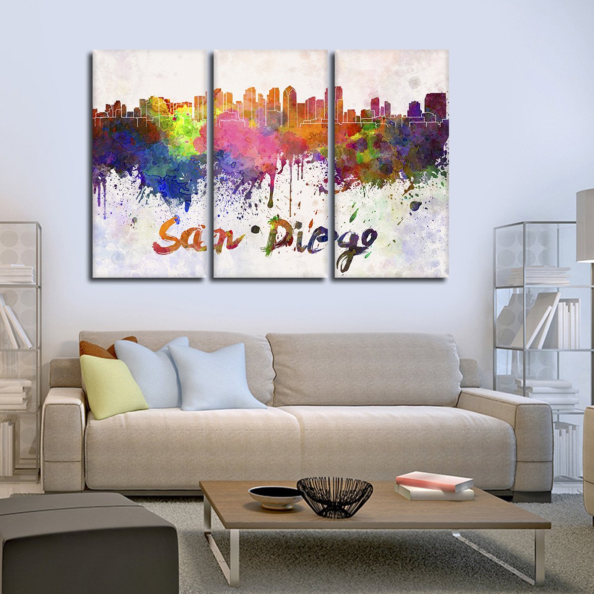 San Diego Watercolor Skyline Multi Panel Canvas Wall Art