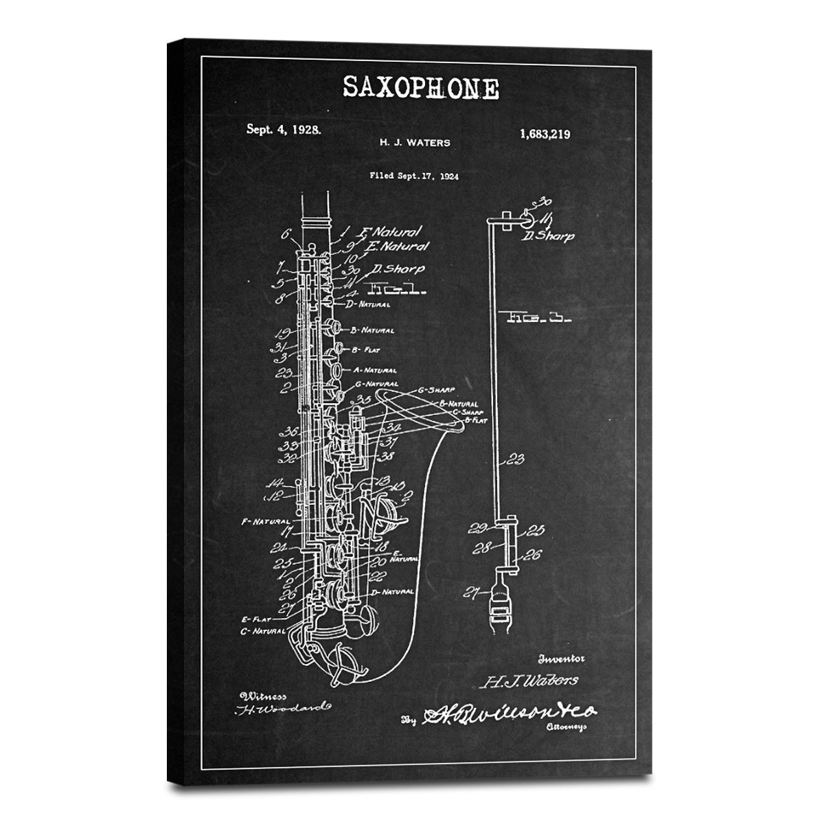 Saxophone Patent BW Canvas Wall Art