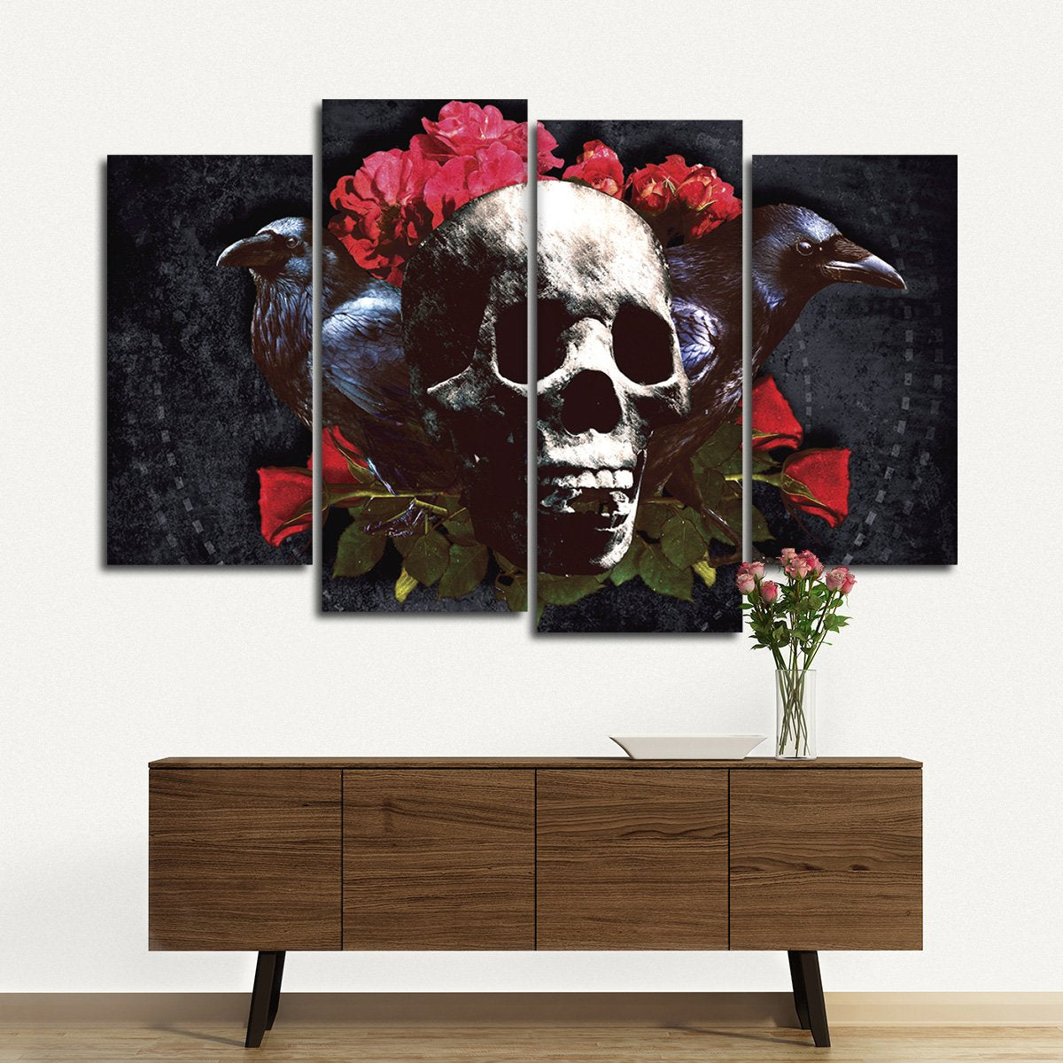 Scary Skull with Roses Multi Panel Canvas Wall Art