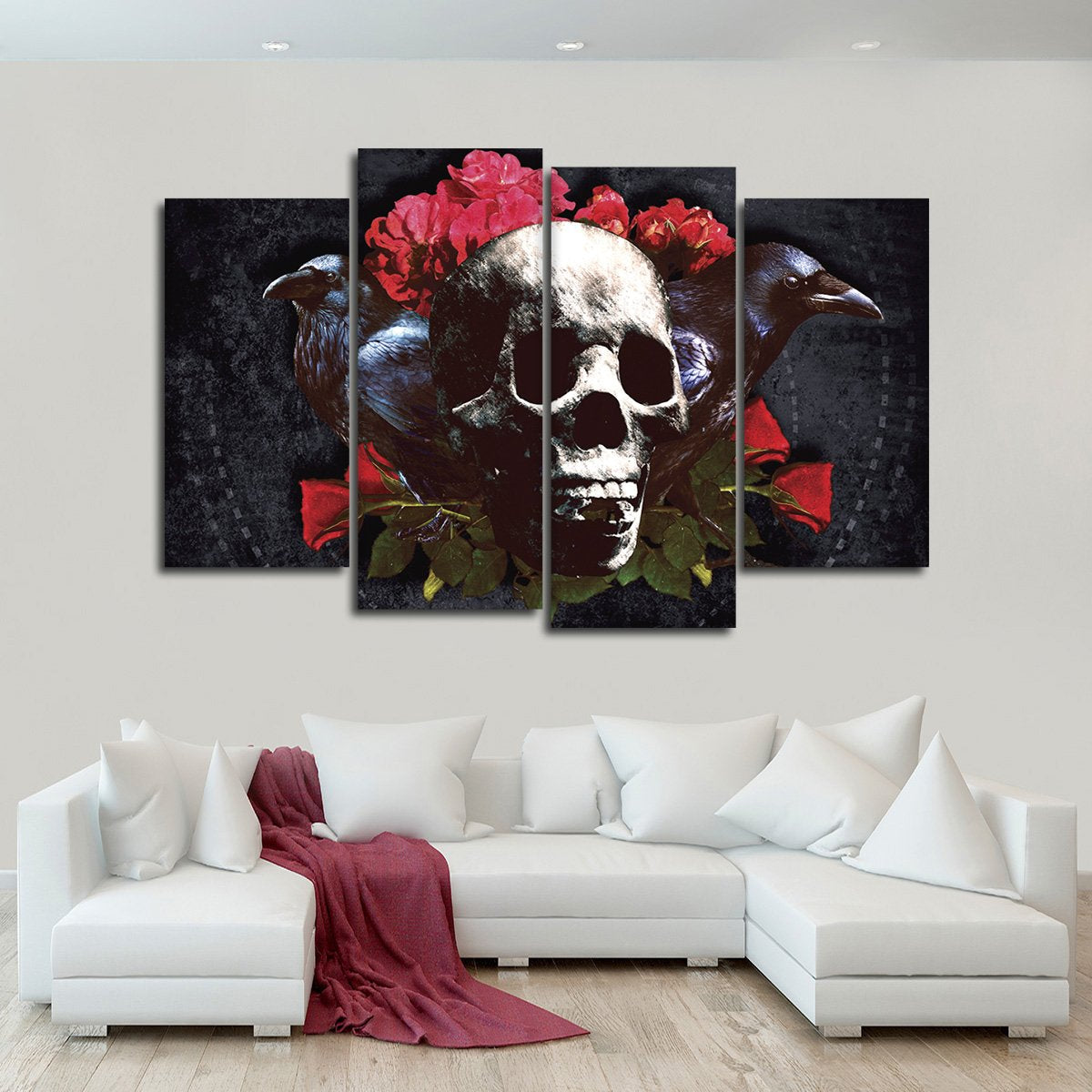 Scary Skull with Roses Multi Panel Canvas Wall Art