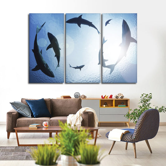 School Of Sharks Multi Panel Canvas Wall Art