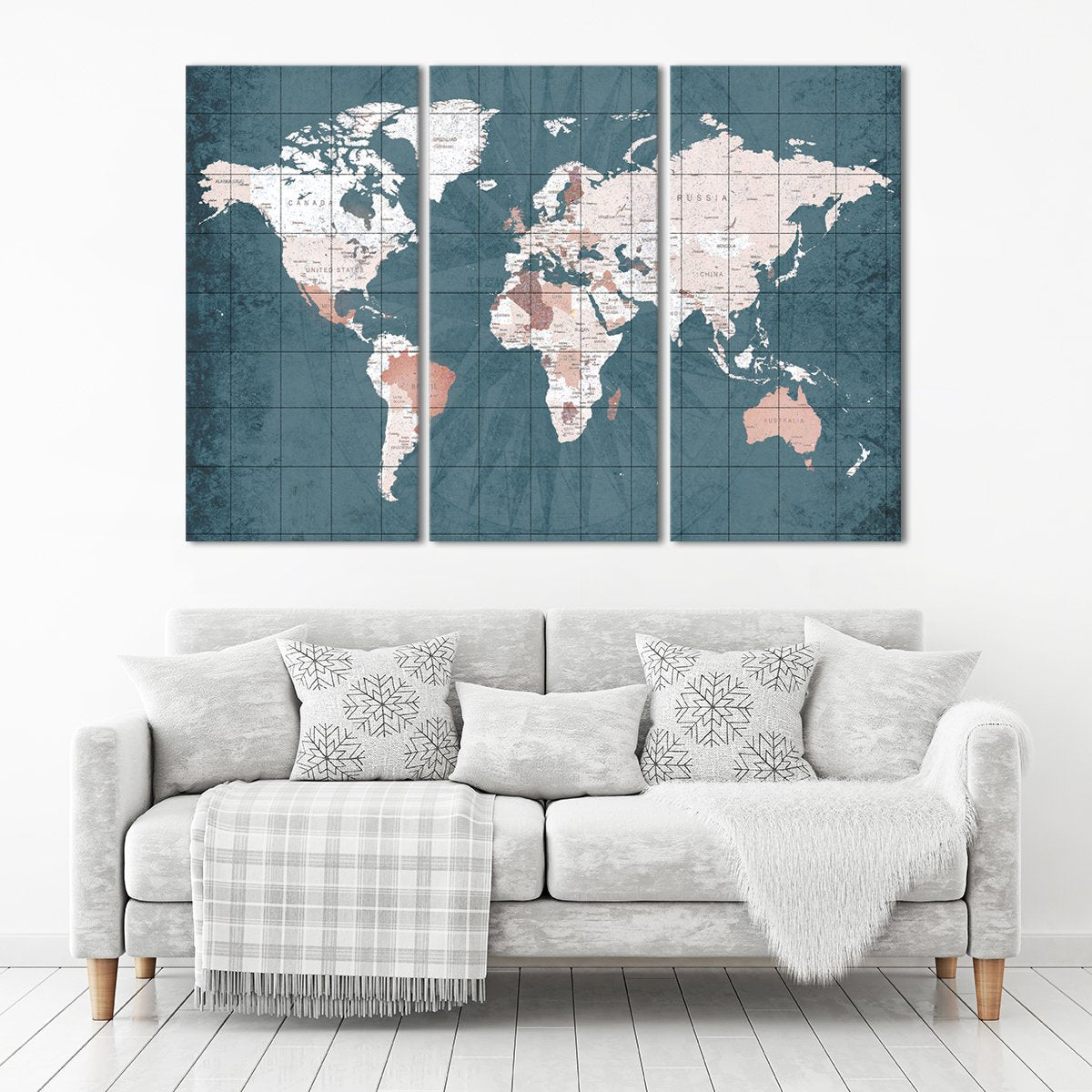 Steel Blue World Map Multi Panel Canvas Wall Art