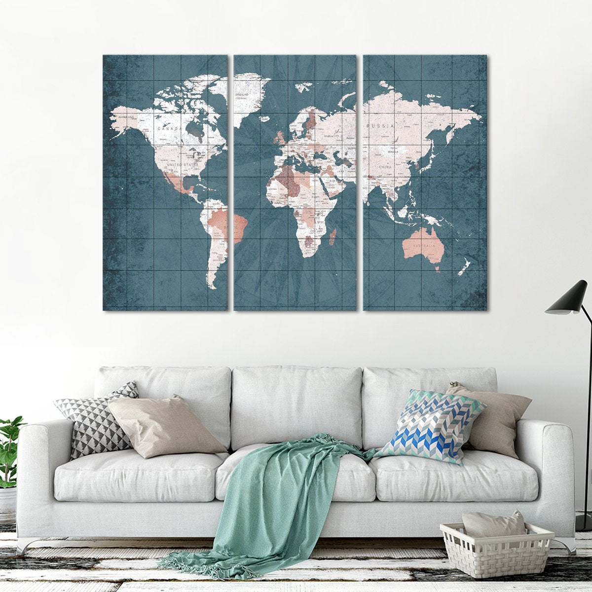 Steel Blue World Map Multi Panel Canvas Wall Art