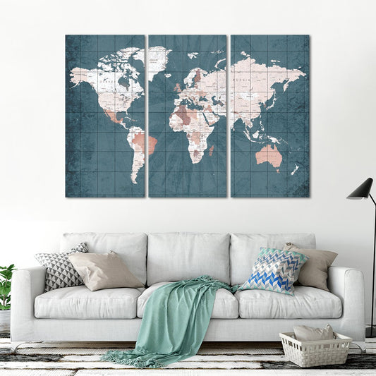 Steel Blue World Map Multi Panel Canvas Wall Art