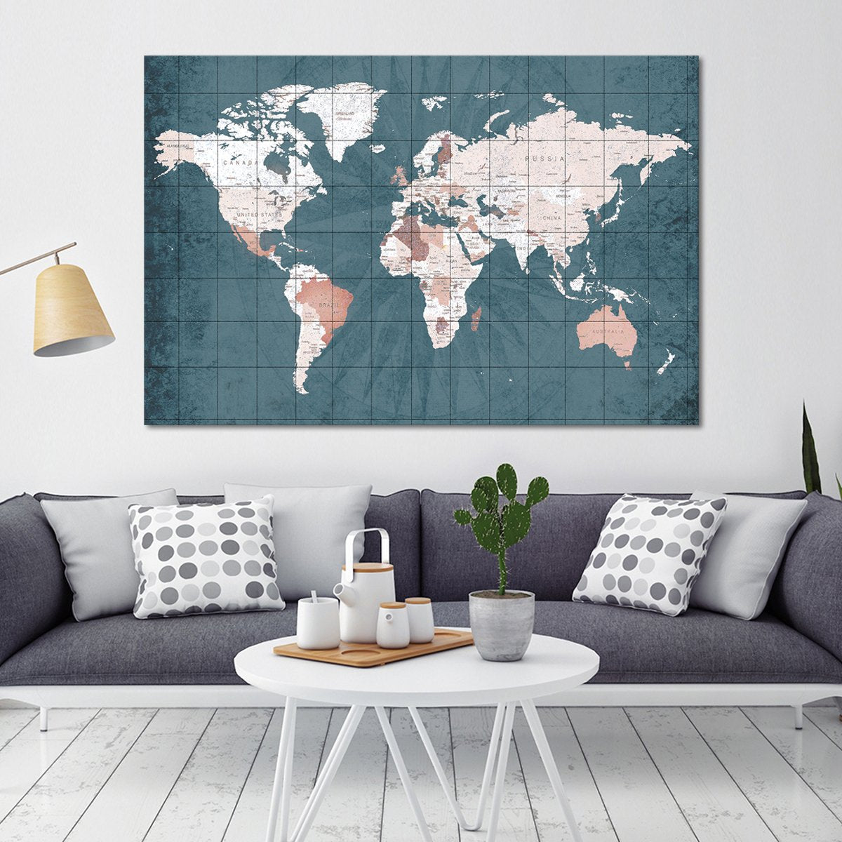 Steel Blue World Map Multi Panel Canvas Wall Art