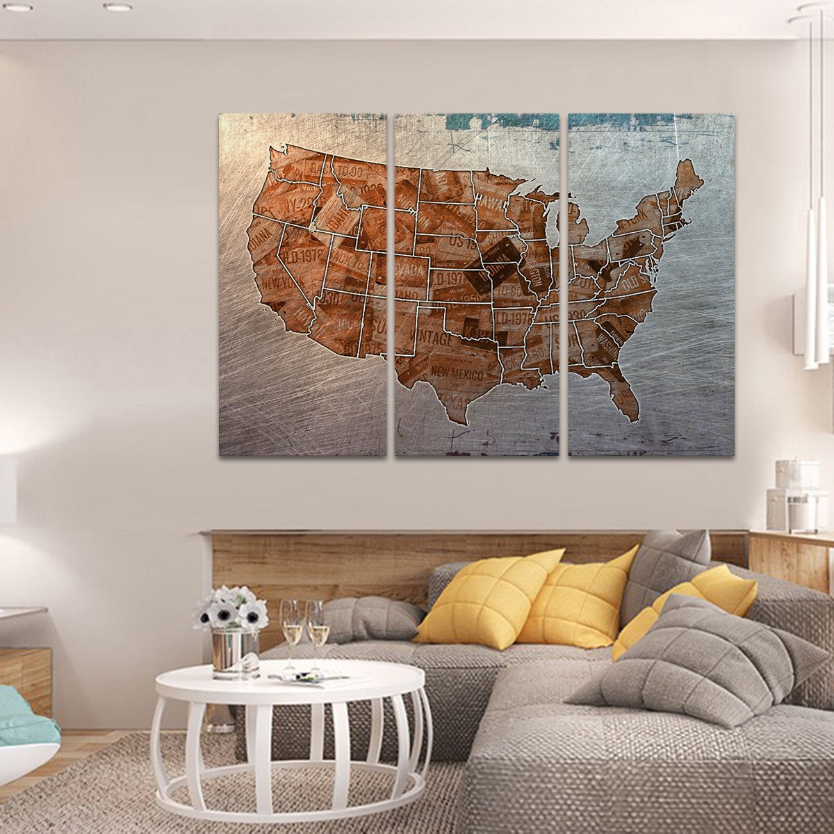 Steel License Plate USA Map Multi Panel Canvas Wall Art