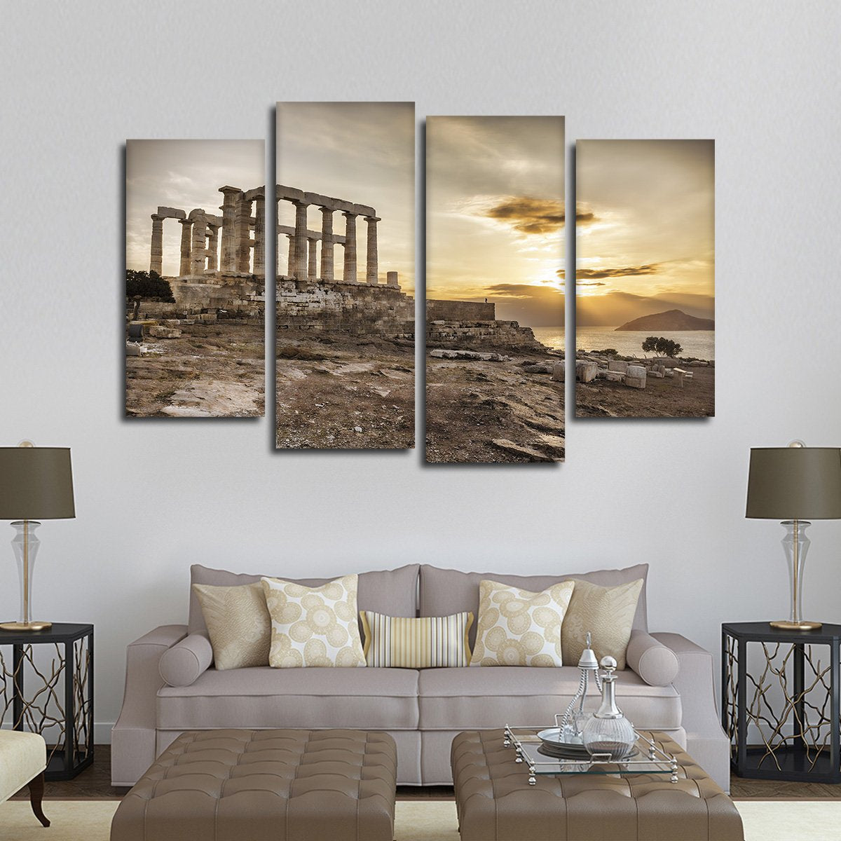 Sunrise At Temple Poseidon Multi Panel Canvas Wall Art