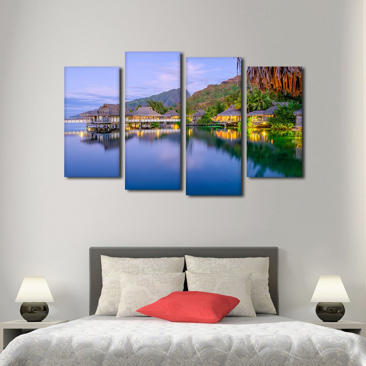 Tahitian Bungalow At Dusk Multi Panel Canvas Wall Art
