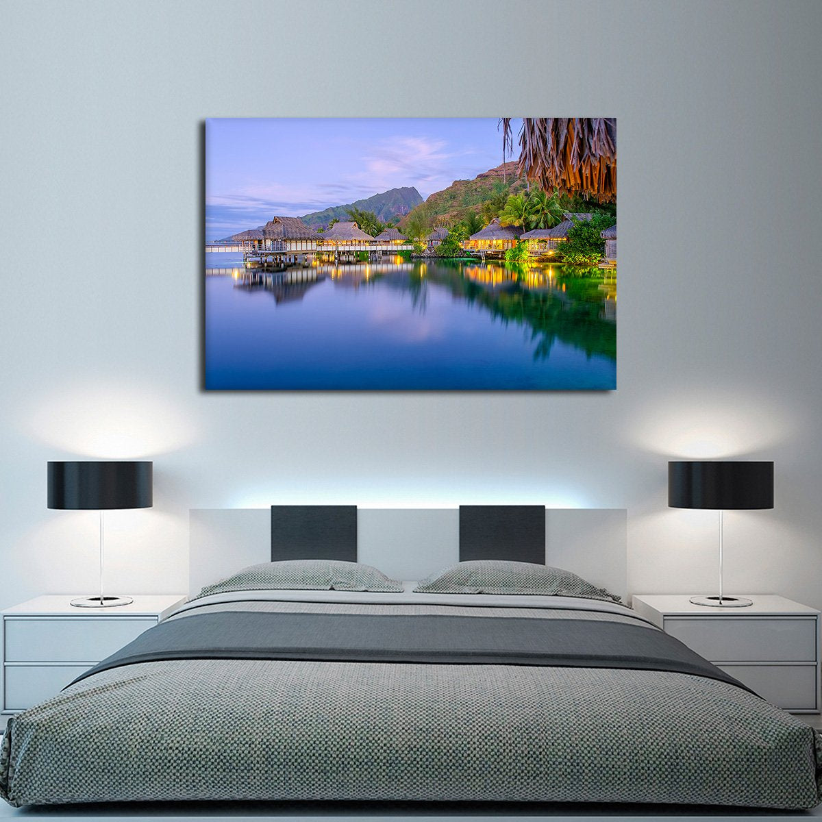Tahitian Bungalow At Dusk Multi Panel Canvas Wall Art