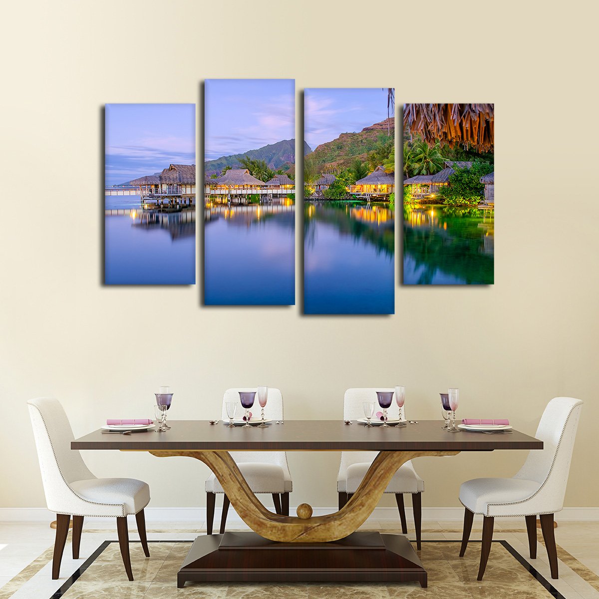 Tahitian Bungalow At Dusk Multi Panel Canvas Wall Art