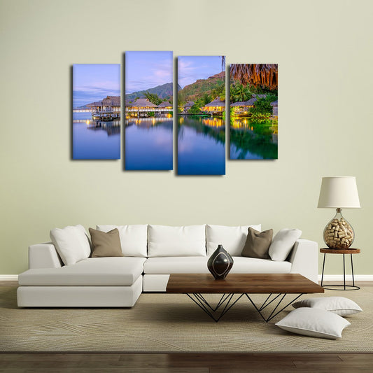 Tahitian Bungalow At Dusk Multi Panel Canvas Wall Art
