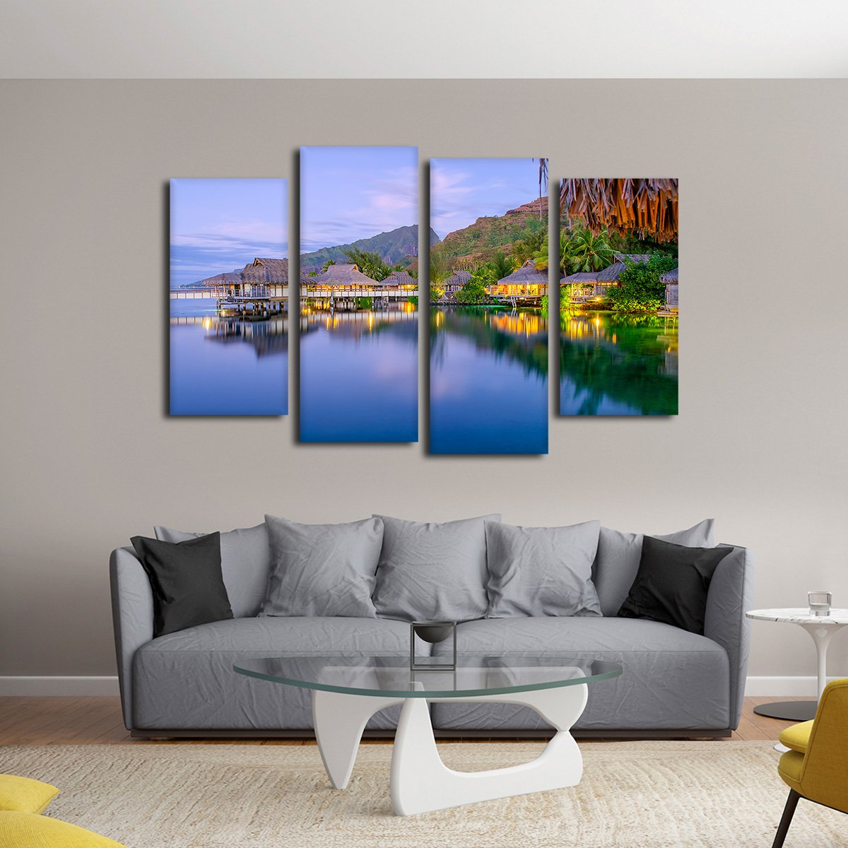 Tahitian Bungalow At Dusk Multi Panel Canvas Wall Art