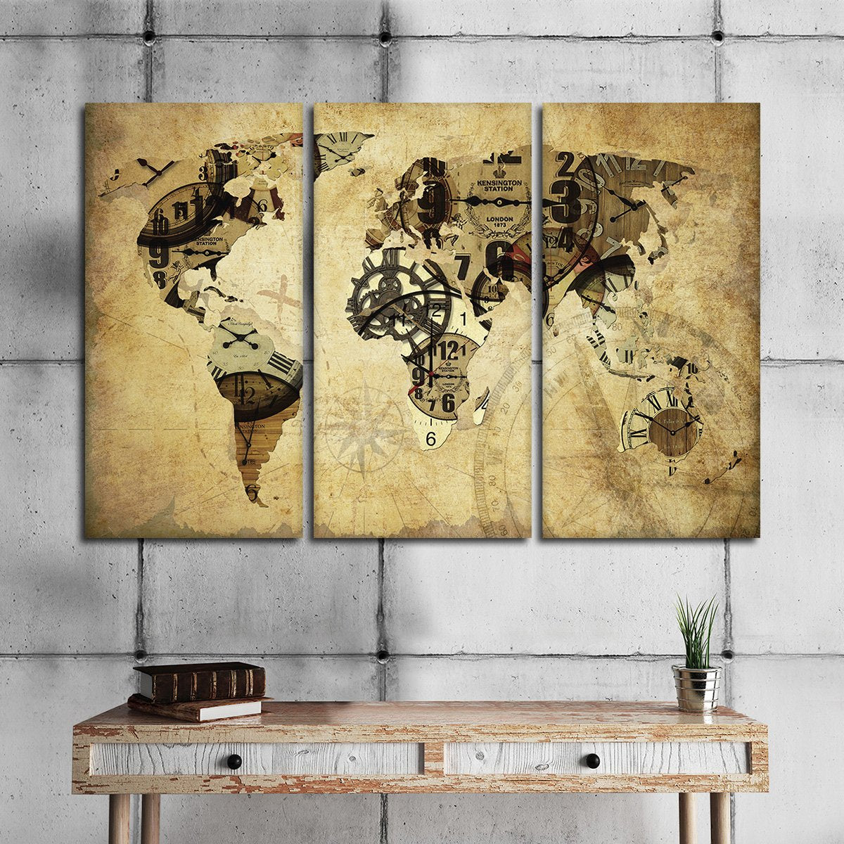Time World Map Multi Panel Canvas Wall Art