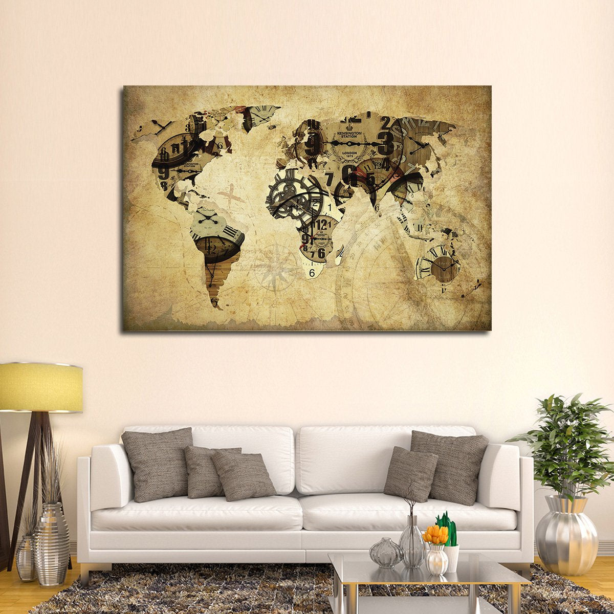 Time World Map Multi Panel Canvas Wall Art