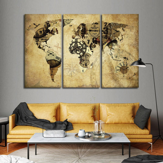 Time World Map Multi Panel Canvas Wall Art