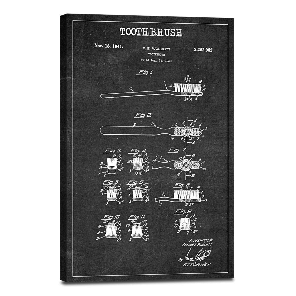 Toothbrush Patent BW Canvas Wall Art
