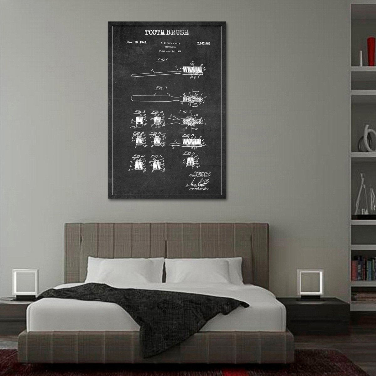 Toothbrush Patent BW Canvas Wall Art