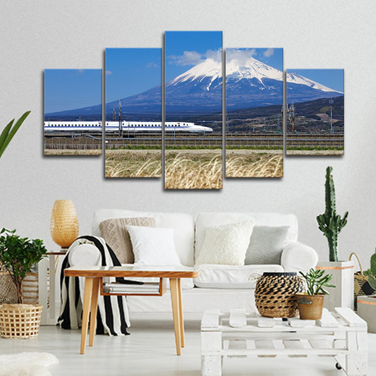 Train At Mount Fuji Multi Panel Canvas Wall Art
