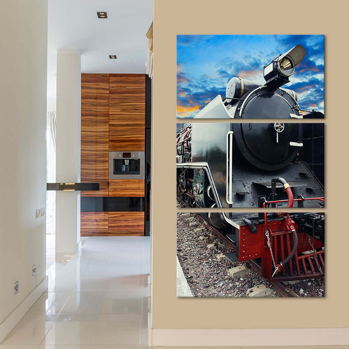 Train At Sunset Multi Panel Canvas Wall Art