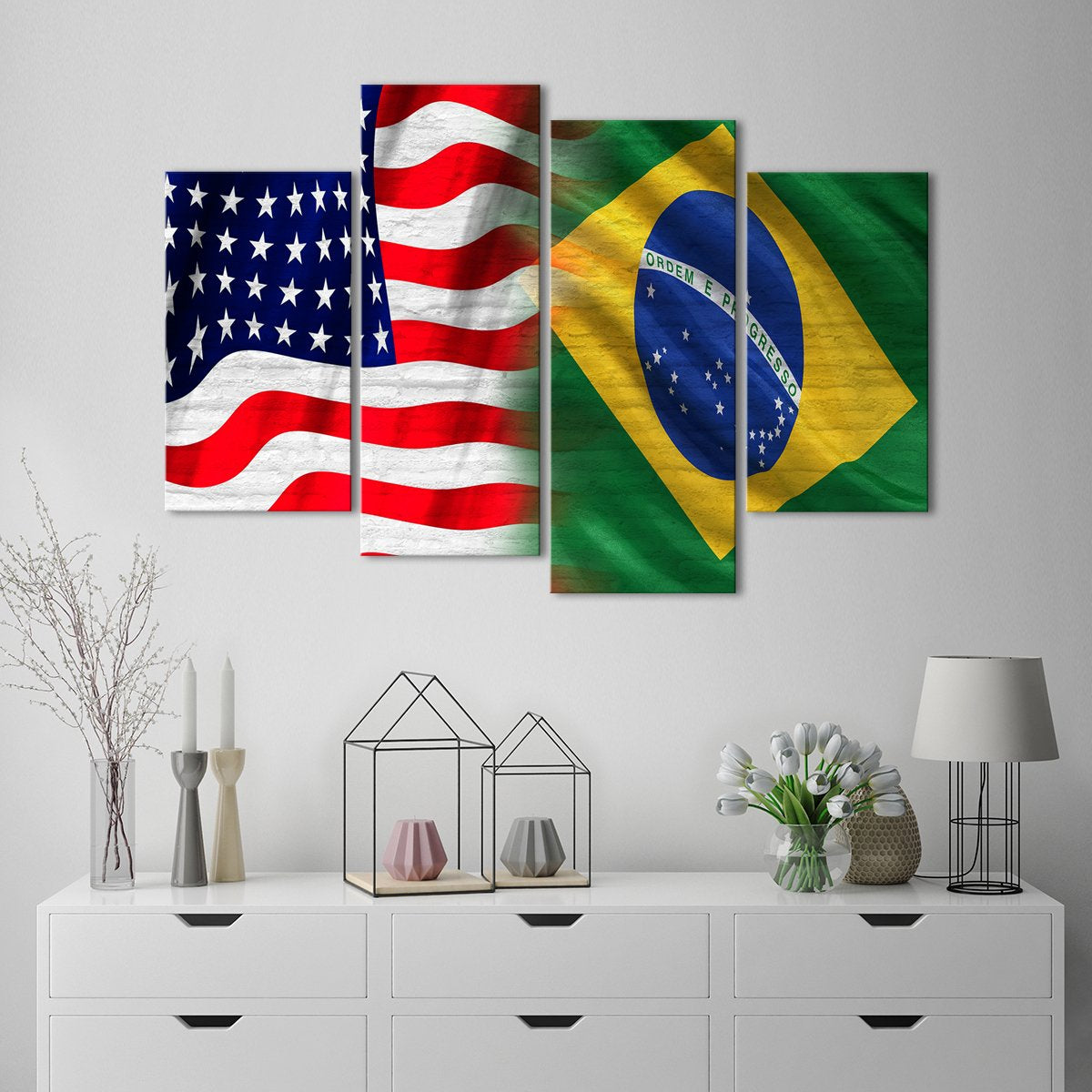 USA and Brazil Flag Multi Panel Canvas Wall Art