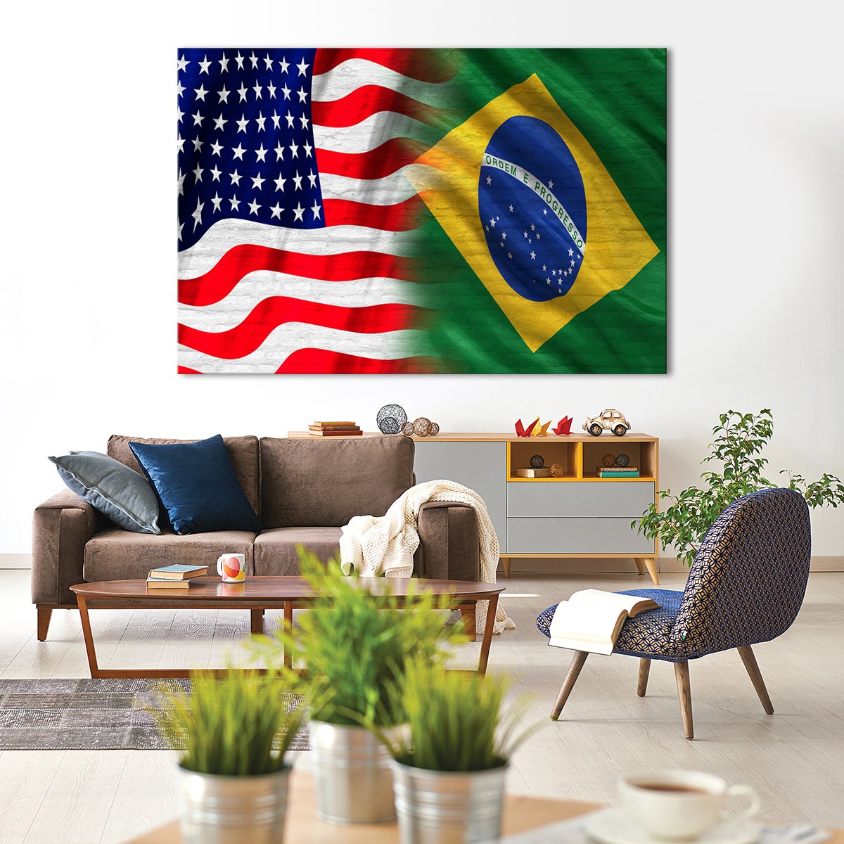 USA and Brazil Flag Multi Panel Canvas Wall Art