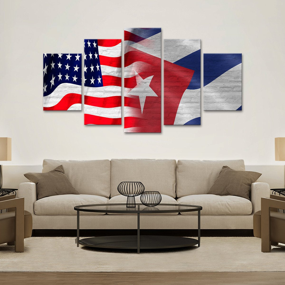 USA and Cuban Flag Multi Panel Canvas Wall Art