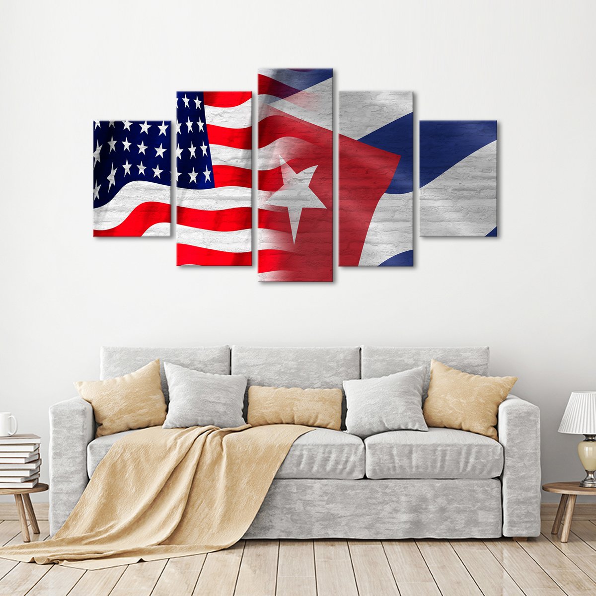 USA and Cuban Flag Multi Panel Canvas Wall Art