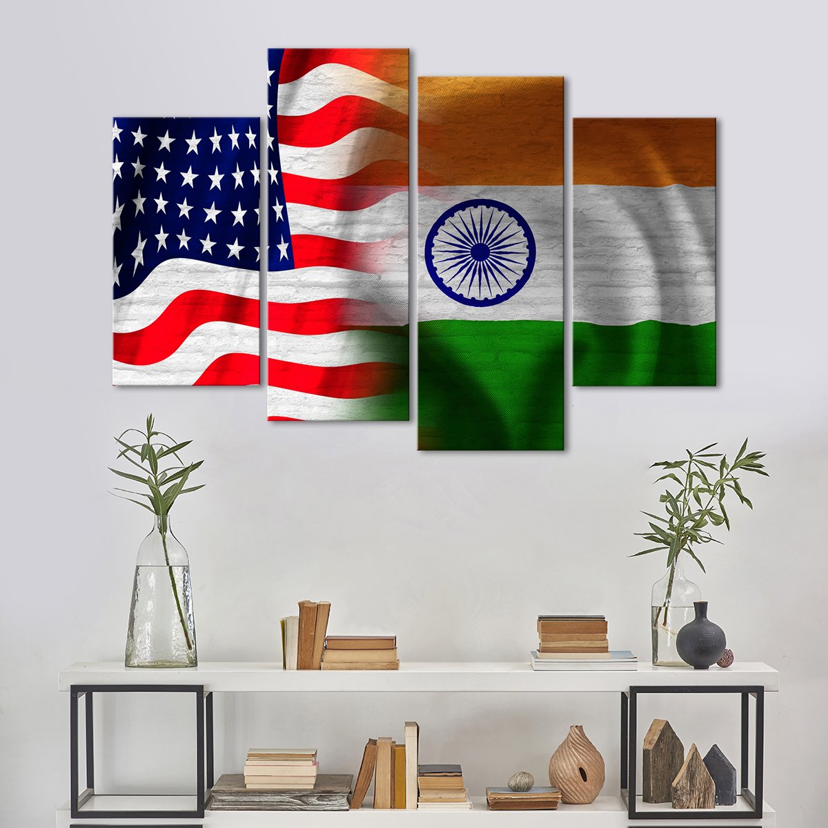 USA and India Flag Multi Panel Canvas Wall Art
