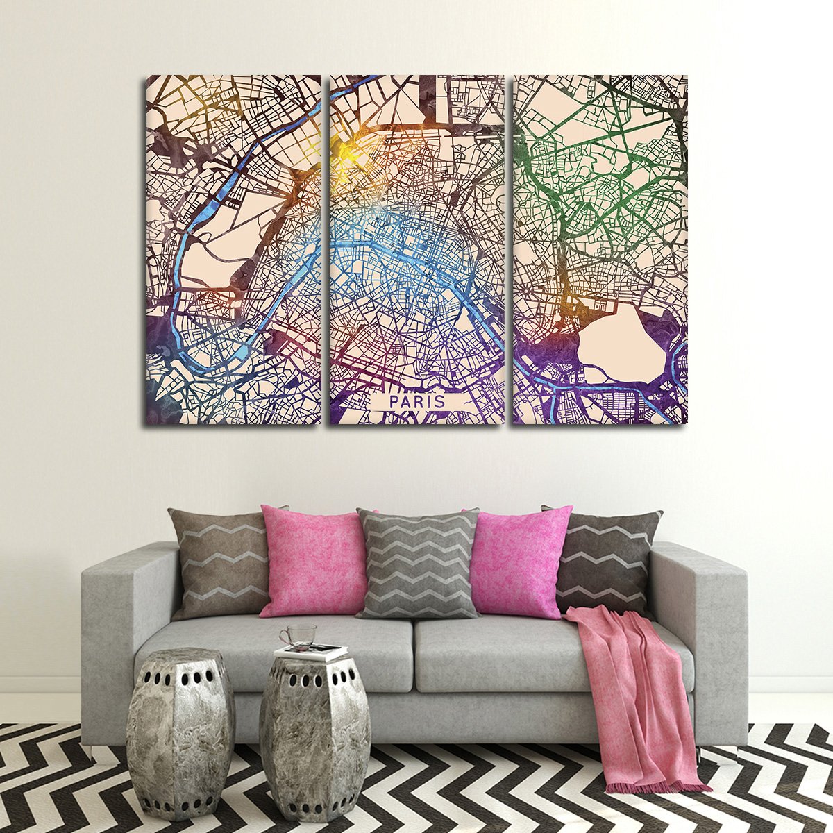 Vibrant Paris City Map Multi Panel Canvas Wall Art
