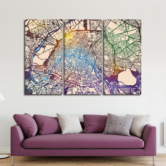 Vibrant Paris City Map Multi Panel Canvas Wall Art