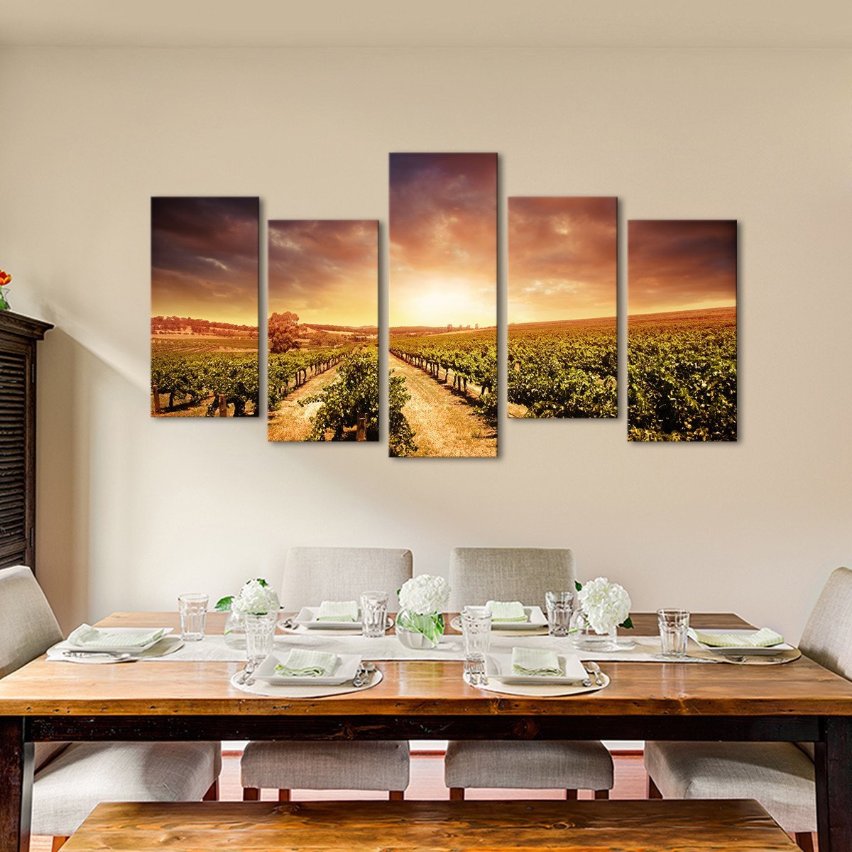 Vineyards At Sunset Multi Panel Canvas Wall Art