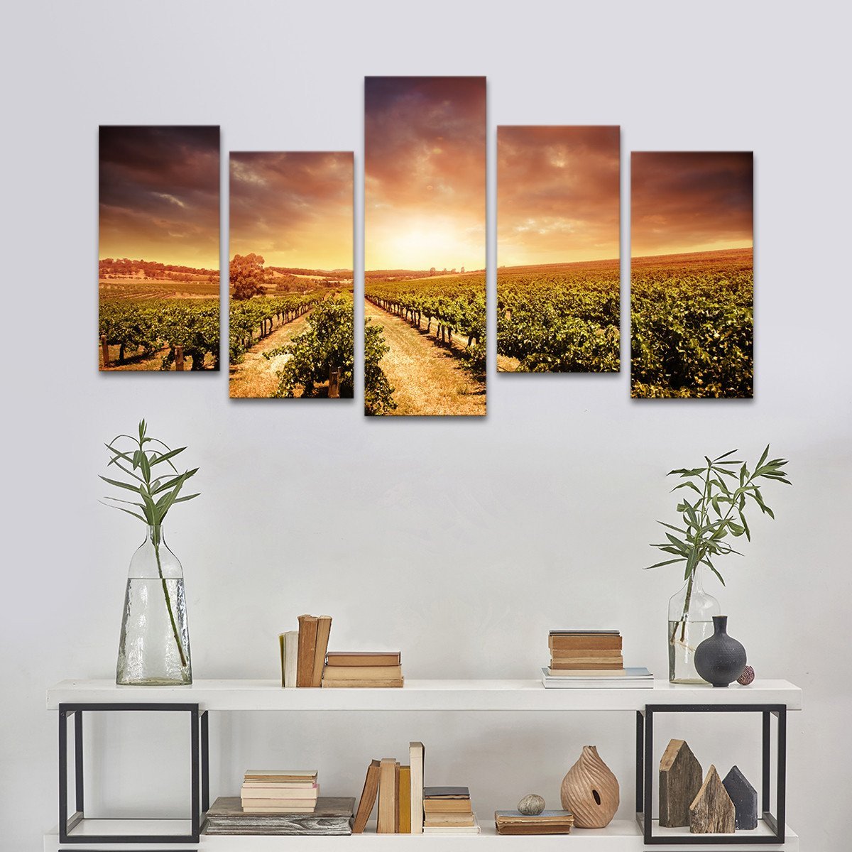 Vineyards At Sunset Multi Panel Canvas Wall Art