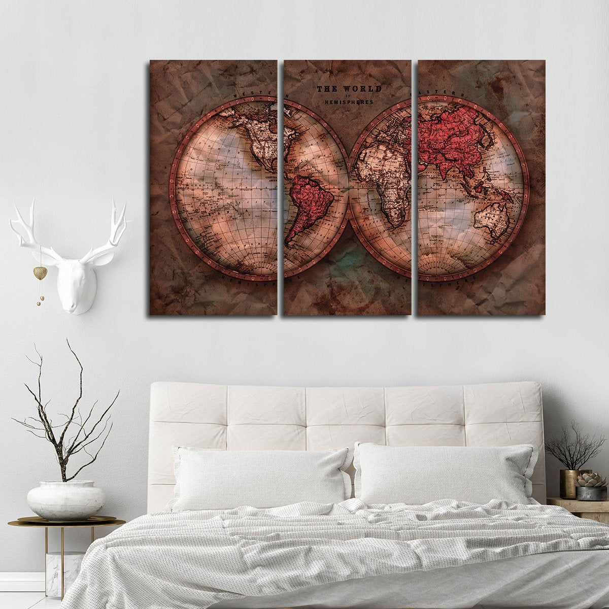 Vintage Crumbled Hemispheres Map Multi Panel Canvas Wall Art