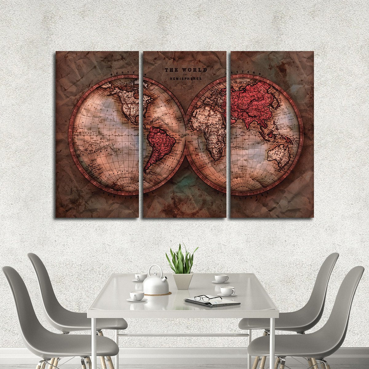 Vintage Crumbled Hemispheres Map Multi Panel Canvas Wall Art