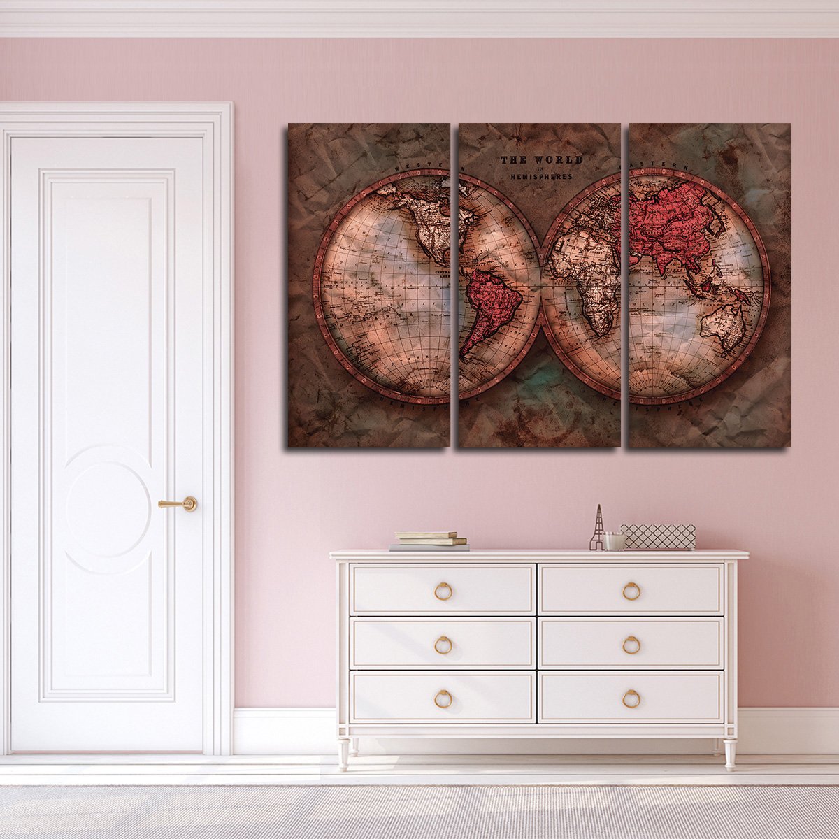 Vintage Crumbled Hemispheres Map Multi Panel Canvas Wall Art