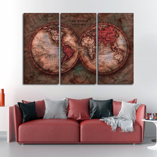 Vintage Crumbled Hemispheres Map Multi Panel Canvas Wall Art