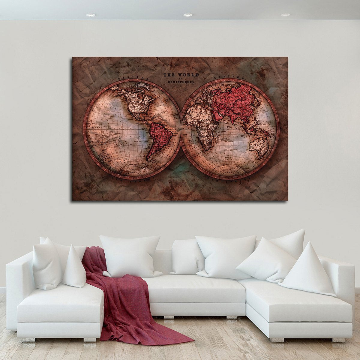 Vintage Crumbled Hemispheres Map Multi Panel Canvas Wall Art