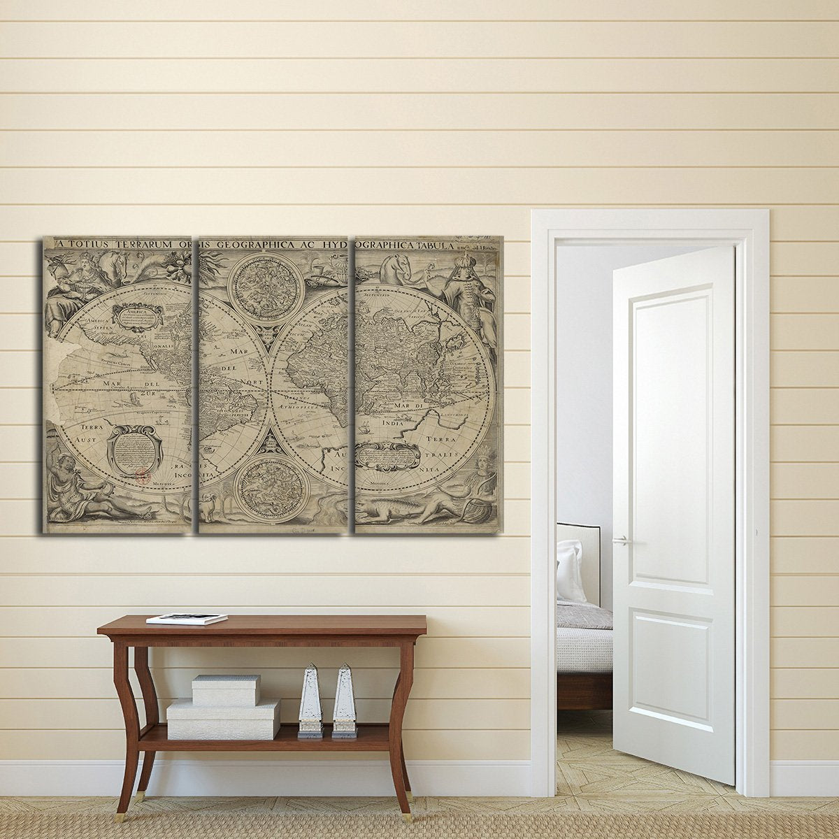 Vintage Double Hemisphere Map Multi Panel Canvas Wall Art