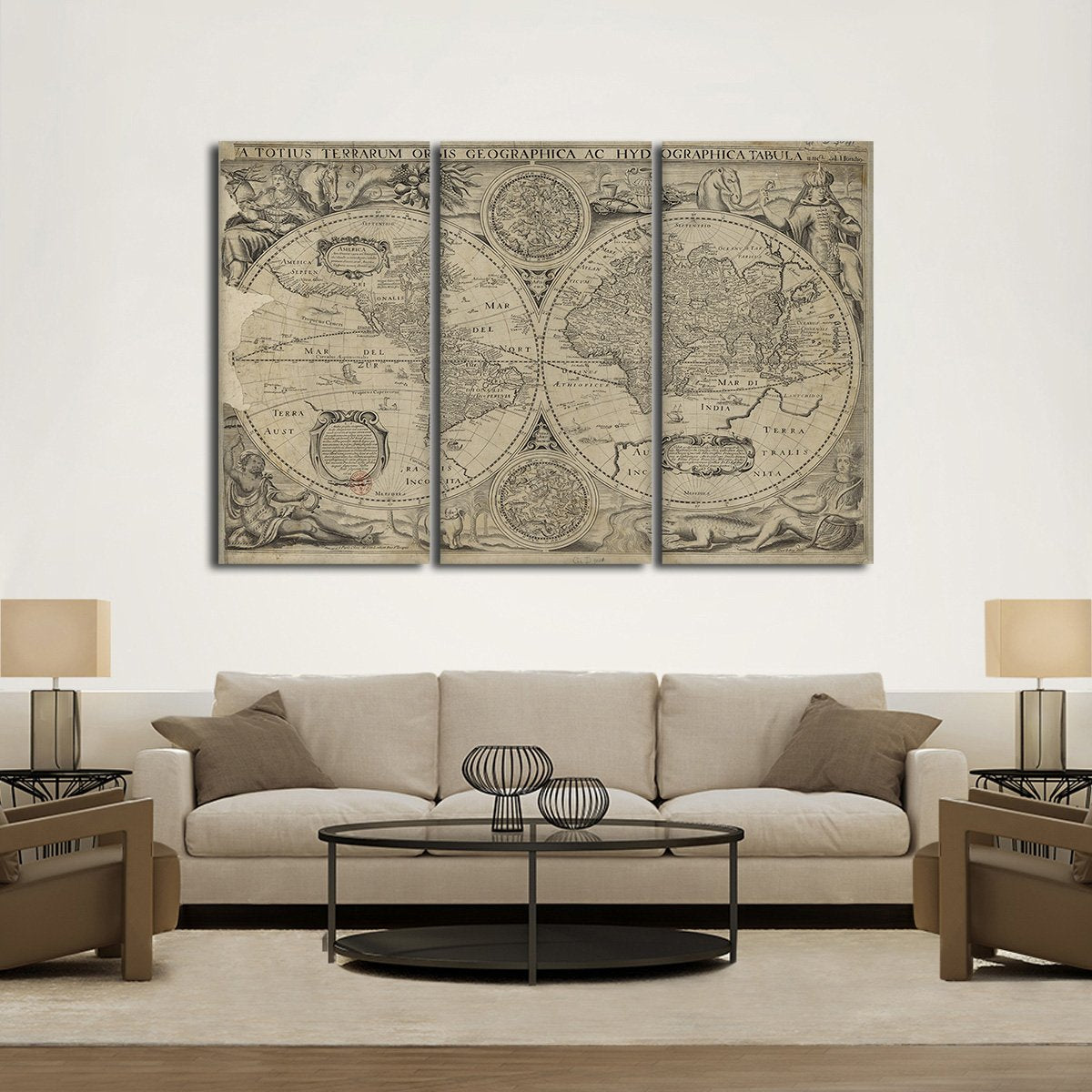 Vintage Double Hemisphere Map Multi Panel Canvas Wall Art