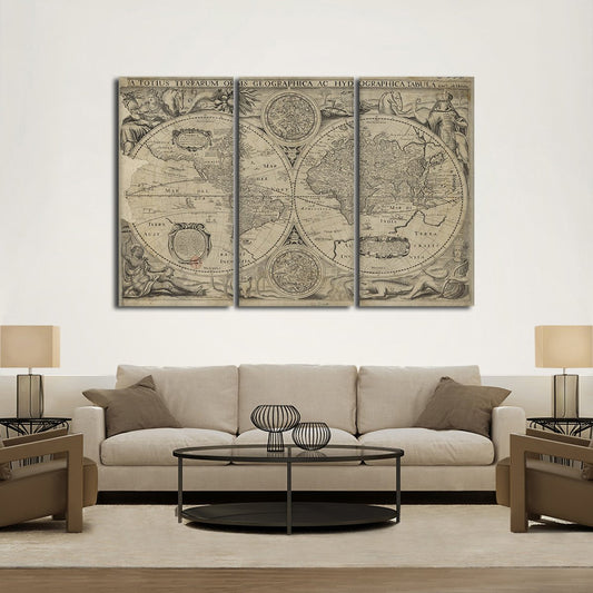 Vintage Double Hemisphere Map Multi Panel Canvas Wall Art