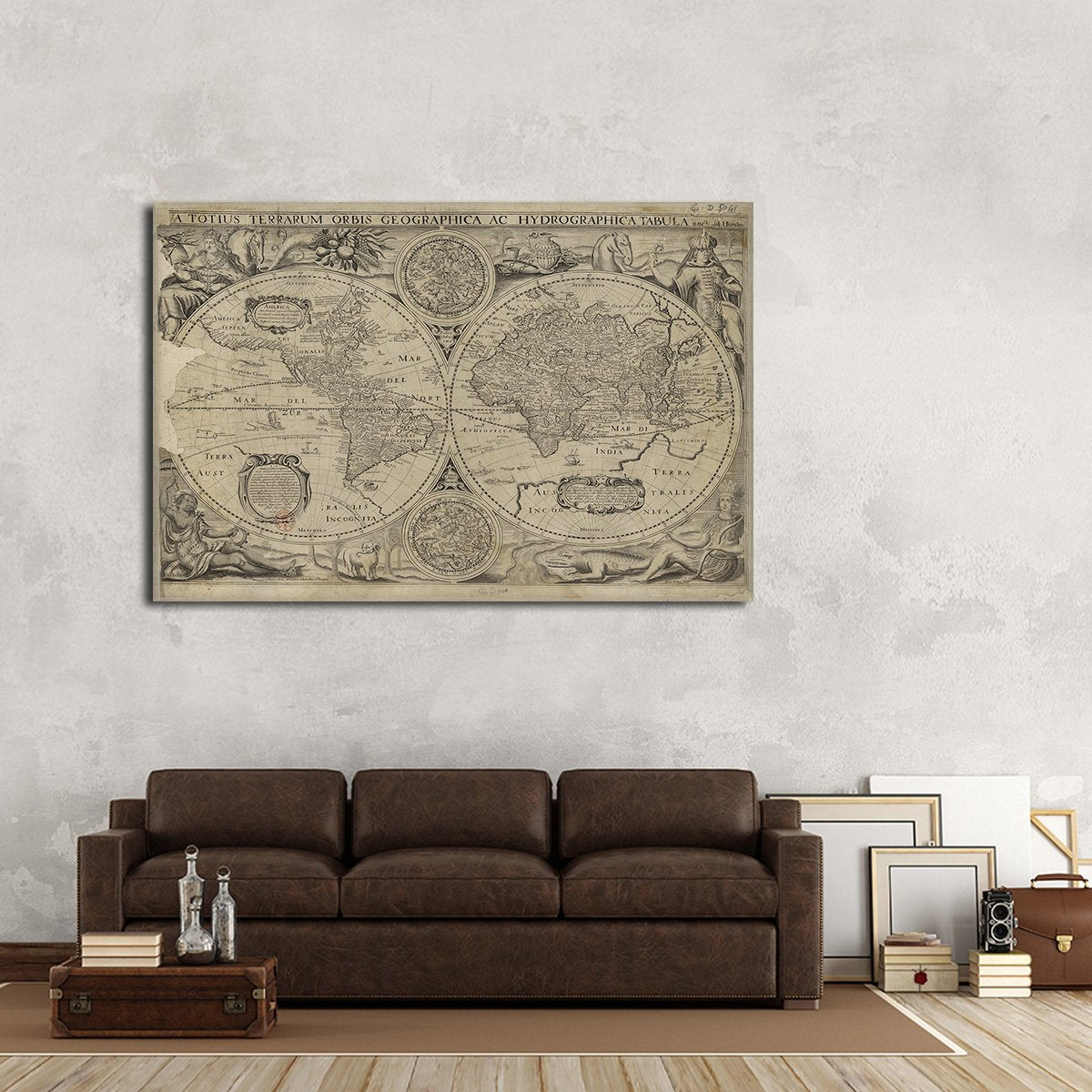 Vintage Double Hemisphere Map Multi Panel Canvas Wall Art