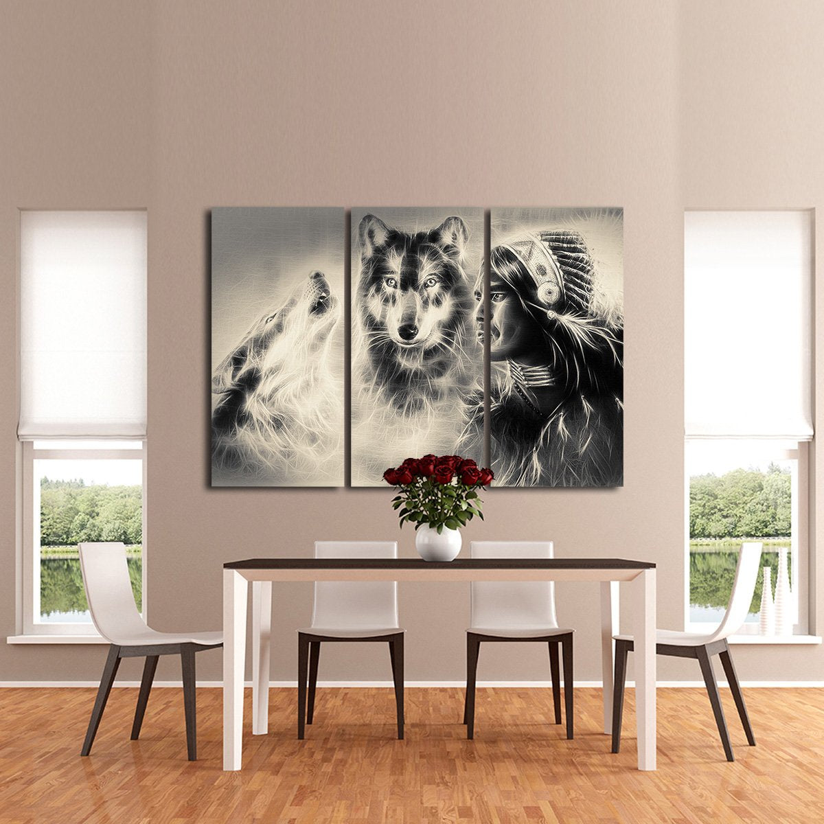 Warrior with Wolves Multi Panel Canvas Wall Art