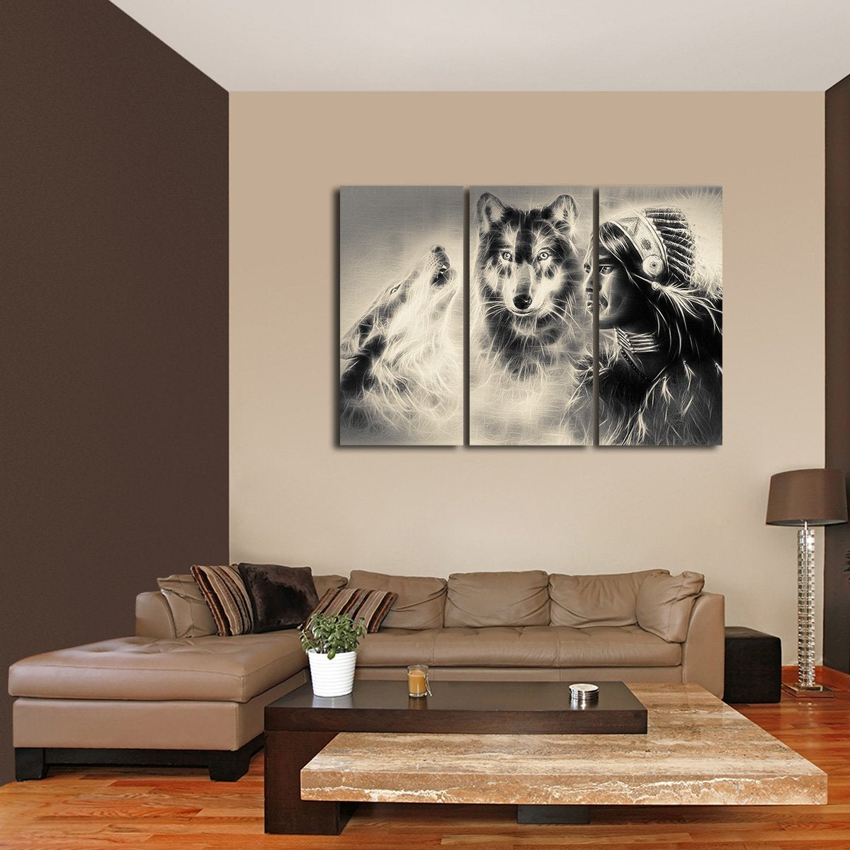 Warrior with Wolves Multi Panel Canvas Wall Art