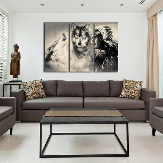 Warrior with Wolves Multi Panel Canvas Wall Art