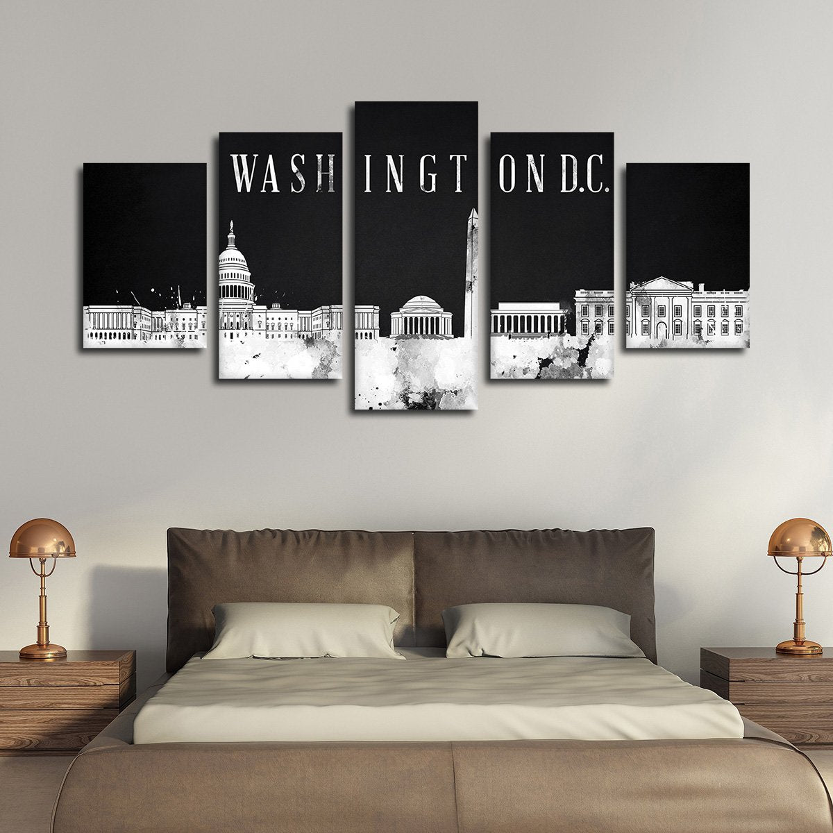 Washington D.C. Watercolor Skyline BW Multi Panel Canvas Wall Art