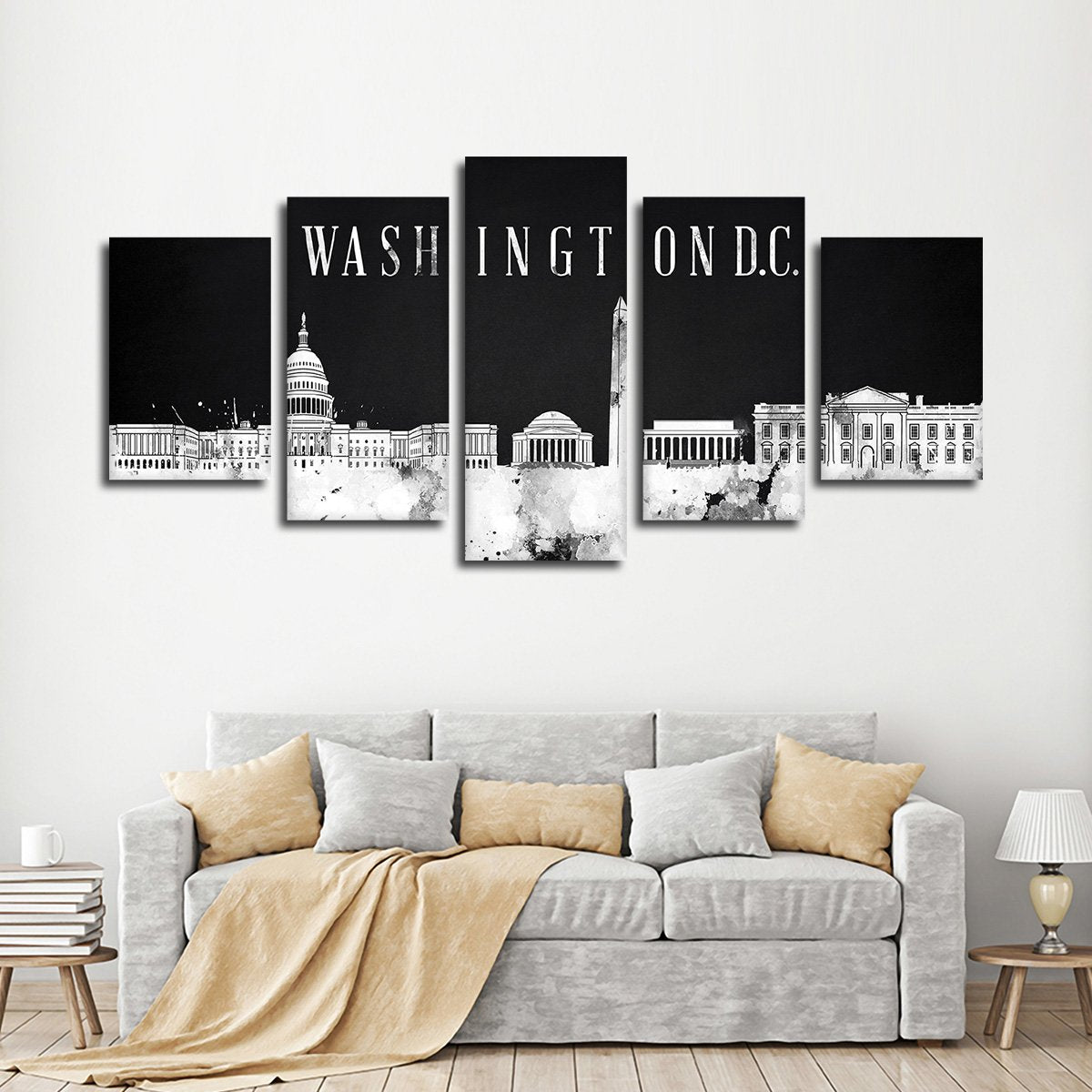 Washington D.C. Watercolor Skyline BW Multi Panel Canvas Wall Art